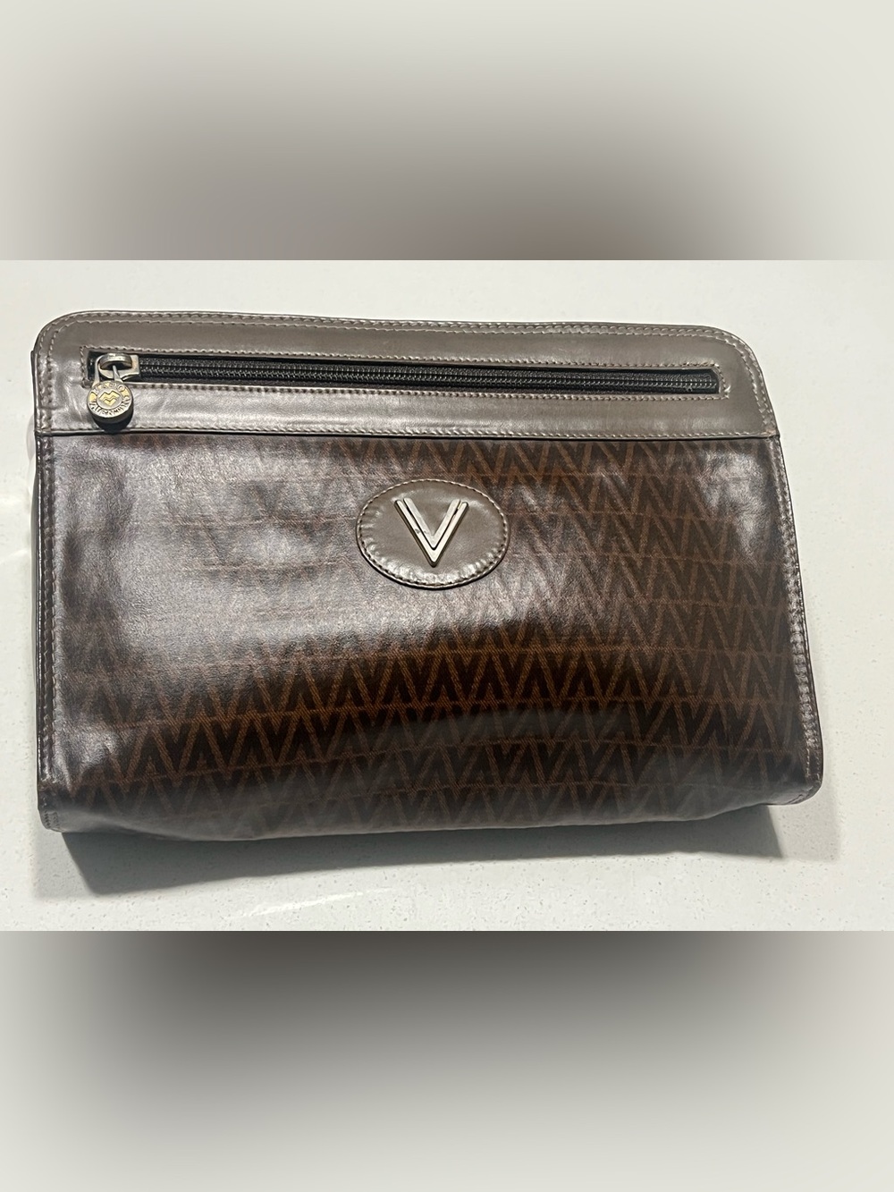 Vintage Mario Valentino Brown Monogram Clutch – Made in Italy – V Logo